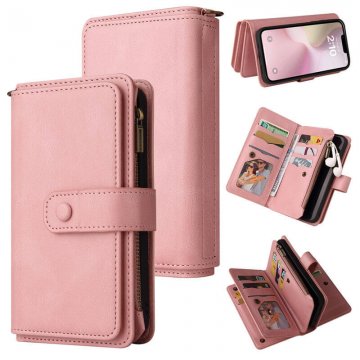 For iPhone 16e Wallet 15 Card Slots Leather Case with Wrist Strap Pink