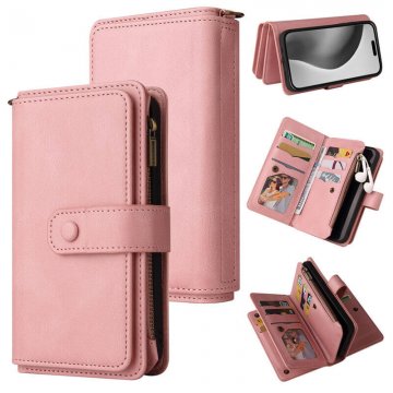 For iPhone 16 Pro Max Wallet 15 Card Slots Leather Case with Wrist Strap Pink