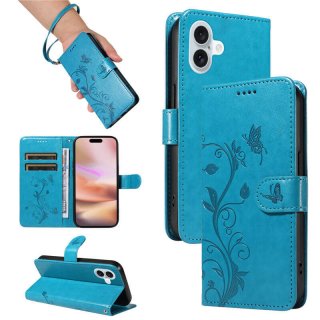 For iPhone 16 Plus Embossed Apricot Blossom Pattern Wallet Case Blue