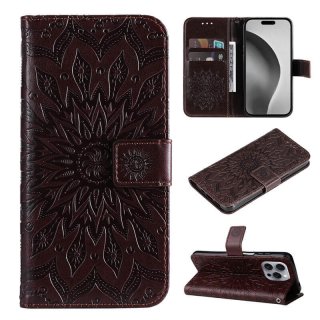 For iPhone 16 Pro Max Embossed Sunflower Pattern Wallet Magnetic Case Brown