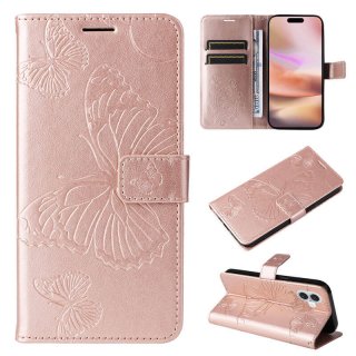 For iPhone 16 Plus Butterfly Embossed Wallet Magnetic Case Rose Gold