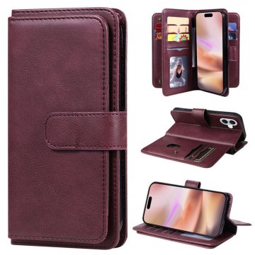 For iPhone 16 Plus Wallet 10 Card Slots Kickstand Leather Case Red