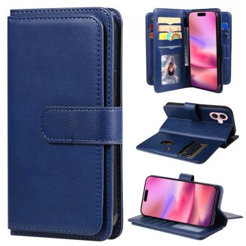 For iPhone 16 Wallet 10 Card Slots Kickstand Leather Case Blue