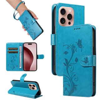 For iPhone 16 Pro Embossed Apricot Blossom Pattern Wallet Case Blue