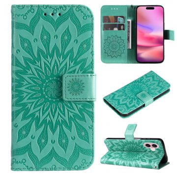 For iPhone 16 Embossed Sunflower Pattern Wallet Magnetic Case Green