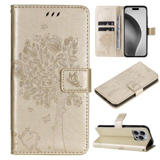 For iPhone 16 Pro Max Cat Tree Embossed Pattern Wallet Case Gold