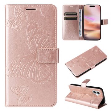 For iPhone 16 Plus Butterfly Embossed Wallet Magnetic Case Rose Gold