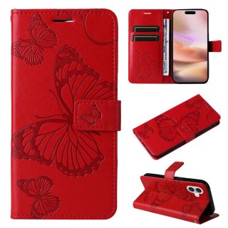 For iPhone 16 Plus Butterfly Embossed Wallet Magnetic Case Red