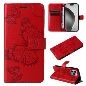 For iPhone 16 Pro Max Butterfly Embossed Wallet Magnetic Case Red