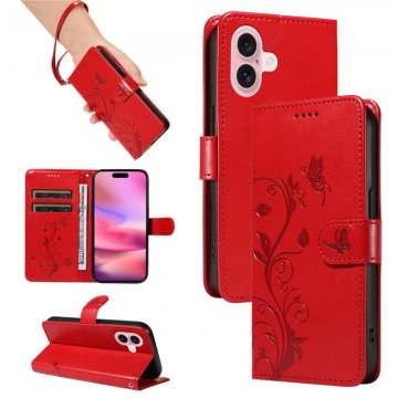 For iPhone 16 Embossed Apricot Blossom Pattern Wallet Case Red