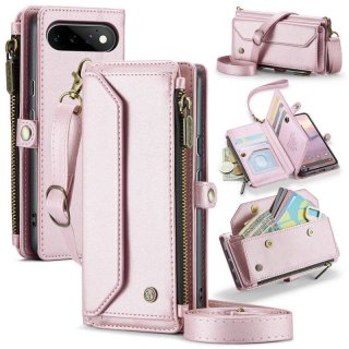 CaseMe Google Pixel 11/Pixel 11 Pro RFID Wallet Case with Crossbody Strap, Zipper Pocket & Wireless Charging Pink