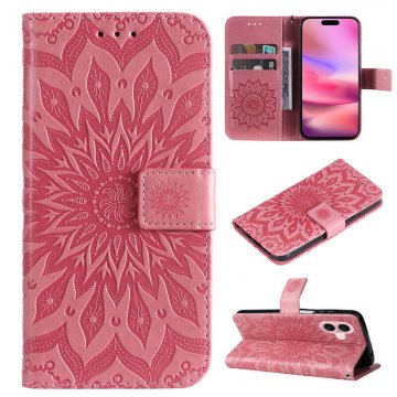 For iPhone 16 Embossed Sunflower Pattern Wallet Magnetic Case Pink