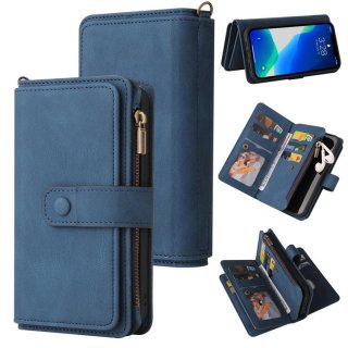 iPhone 13 Pro Wallet 15 Card Slots Case with Wrist Strap Blue