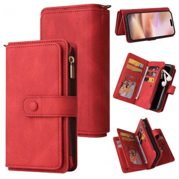 For iPhone 16 Plus Wallet 15 Card Slots Leather Case with Wrist Strap Red