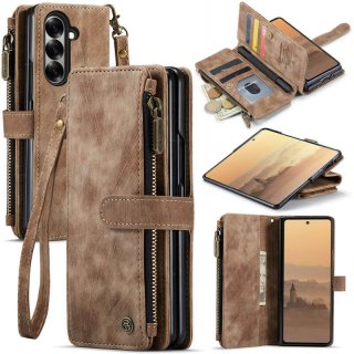 CaseMe Samsung Galaxy Z Fold7 Zipper Wallet Case with Wrist Strap Coffee