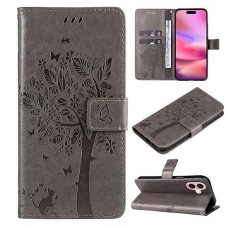 For iPhone 16 Cat Tree Embossed Pattern Wallet Magnetic Case Gray