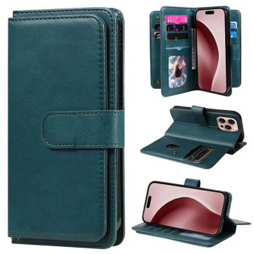 For iPhone 16 Pro Wallet 10 Card Slots Kickstand Leather Case Green