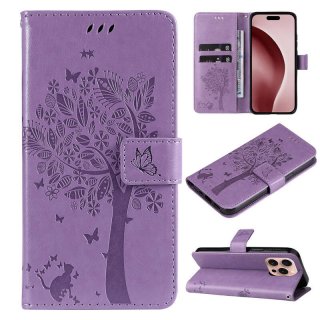 For iPhone 16 Pro Cat Tree Embossed Pattern Wallet Magnetic Case Lavender