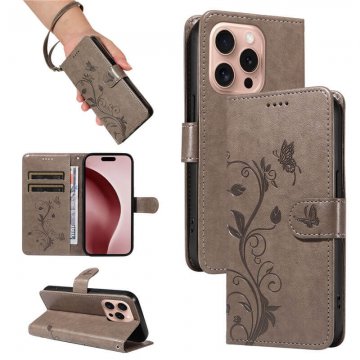 For iPhone 16 Pro Embossed Apricot Blossom Pattern Wallet Case Gray