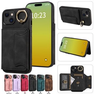 For iPhone 15 Plus Card Holder Ring Kickstand PU Leather Case Black