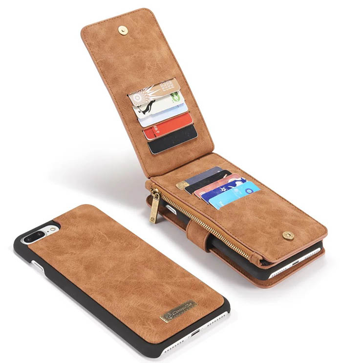 CaseMe iPhone 8 Plus Zipper Wallet Detachable Flip Case Brown