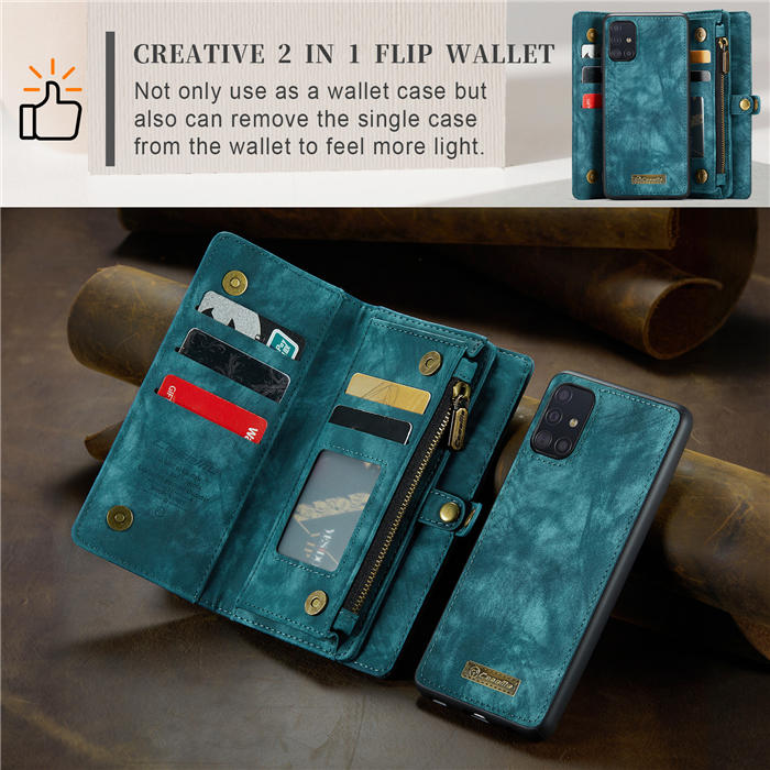 CaseMe Samsung Galaxy A51 4G Zipper Wallet Magnetic Detachable 2 in 1 Case with Wrist Strap