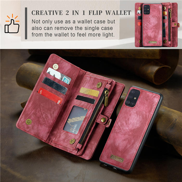 CaseMe Samsung Galaxy A51 4G Zipper Wallet Magnetic Detachable 2 in 1 Case with Wrist Strap