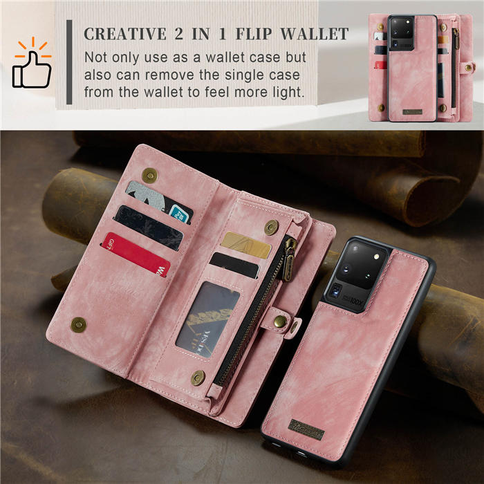 CaseMe Samsung Galaxy S20 Ultra Zipper Wallet Magnetic Detachable 2 in 1 Case with Wrist Strap