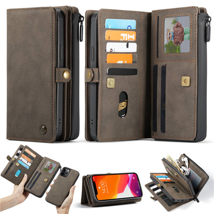 CaseMe iPhone 12 Pro Max Luxury Multi-Functional Zipper Wallet Case Coffee