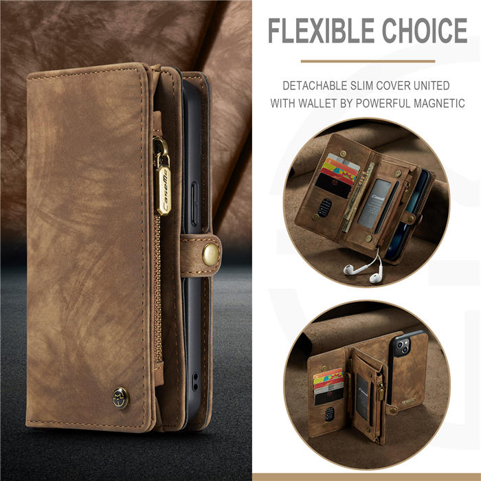 CaseMe iPhone 13 Zipper Wallet Detachable 2 in 1 Case Coffee