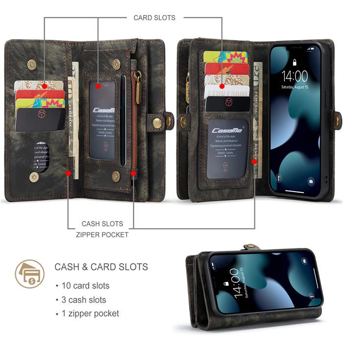 CaseMe iPhone 13 Mini Zipper Wallet Detachable 2 in 1 Case Black