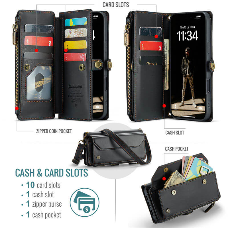 CaseMe iPhone 16 Plus Wallet RFID Blocking Crossbody Phone Case