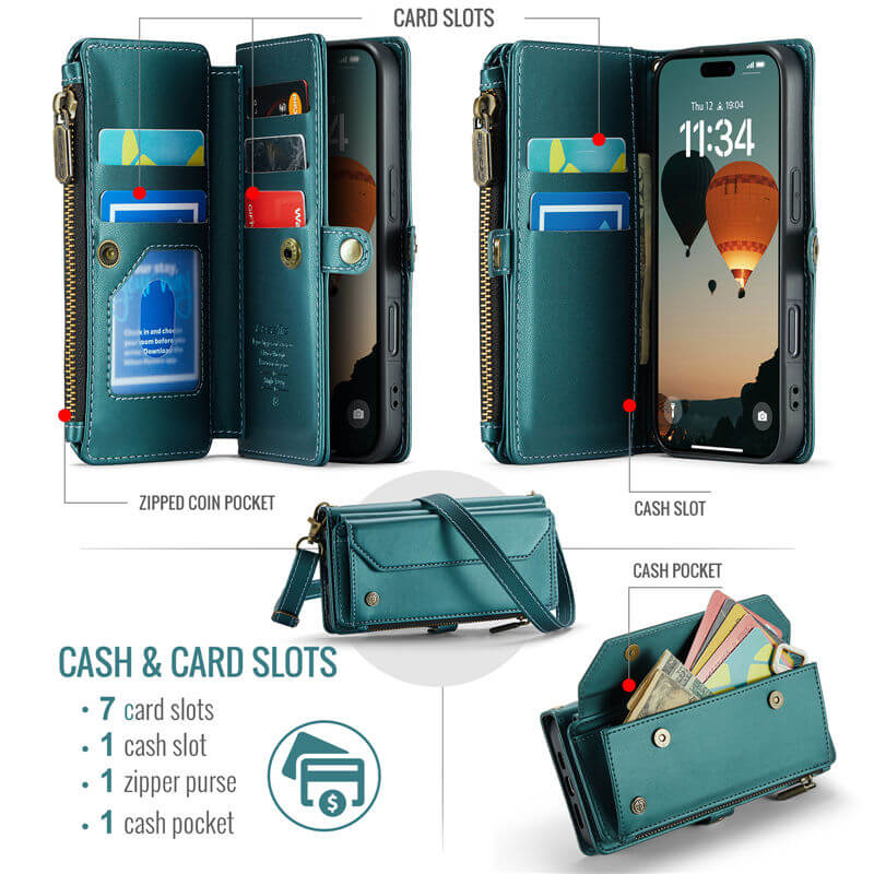 CaseMe iPhone 16 Pro Wallet RFID Blocking Crossbody Phone Case