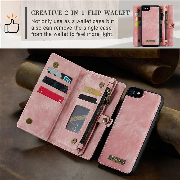 CaseMe iPhone 7/8 Zipper Wallet Magnetic Detachable 2 in 1 Case with Wrist Strap