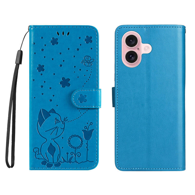 For iPhone 16 Cat Bee Embossed Pattern Wallet Case