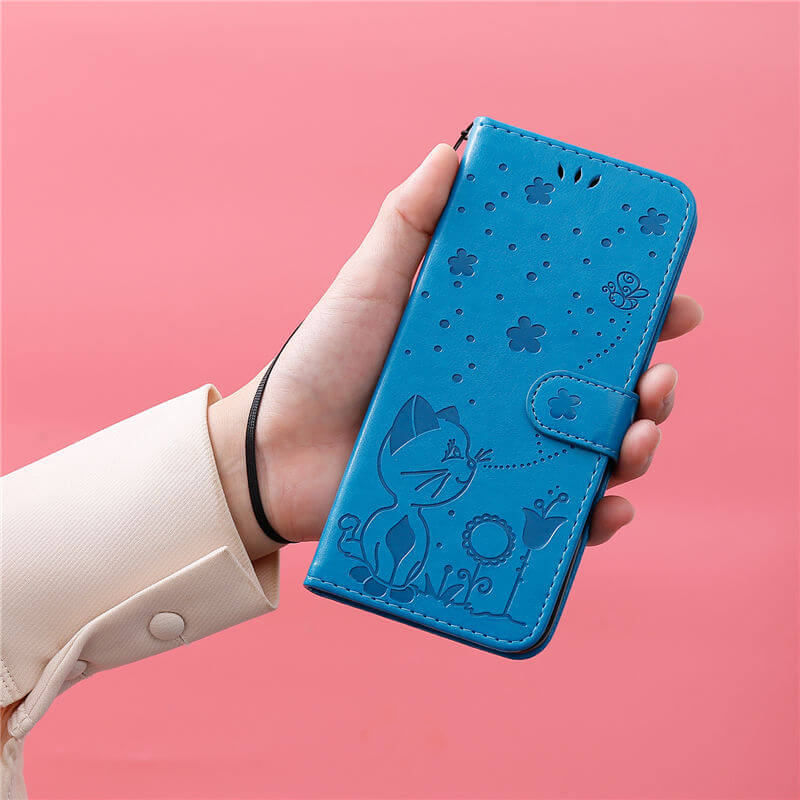 For iPhone 16 Cat Bee Embossed Pattern Wallet Case