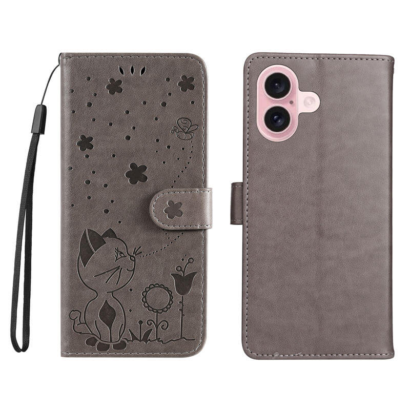 For iPhone 16 Cat Bee Embossed Pattern Wallet Case