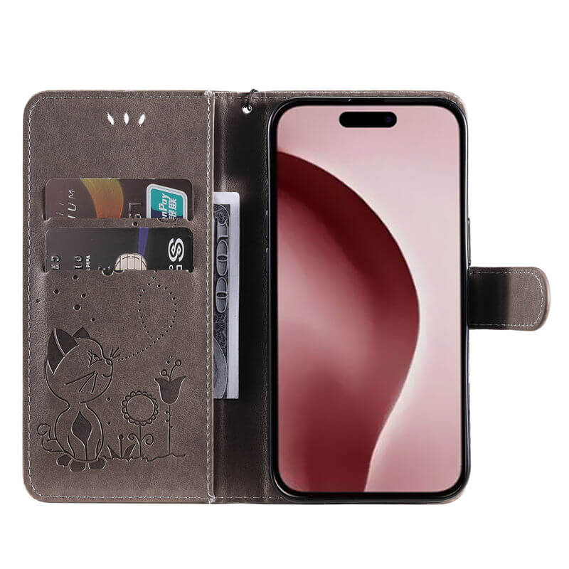 For iPhone 16 Cat Bee Embossed Pattern Wallet Case