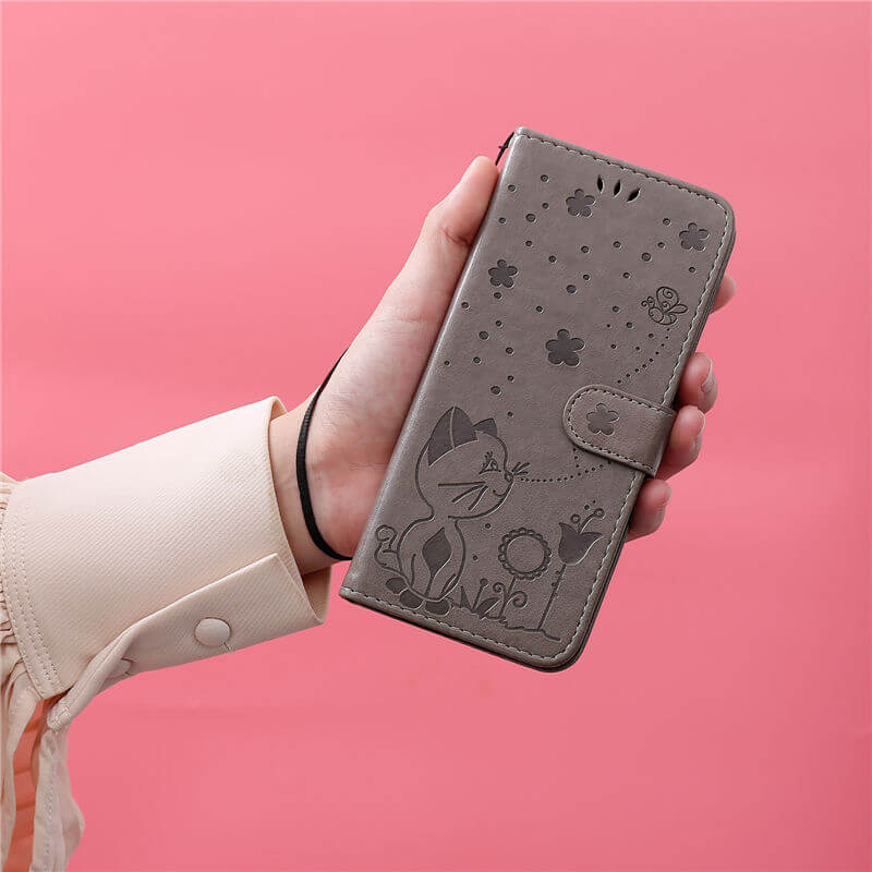 For iPhone 16 Cat Bee Embossed Pattern Wallet Case