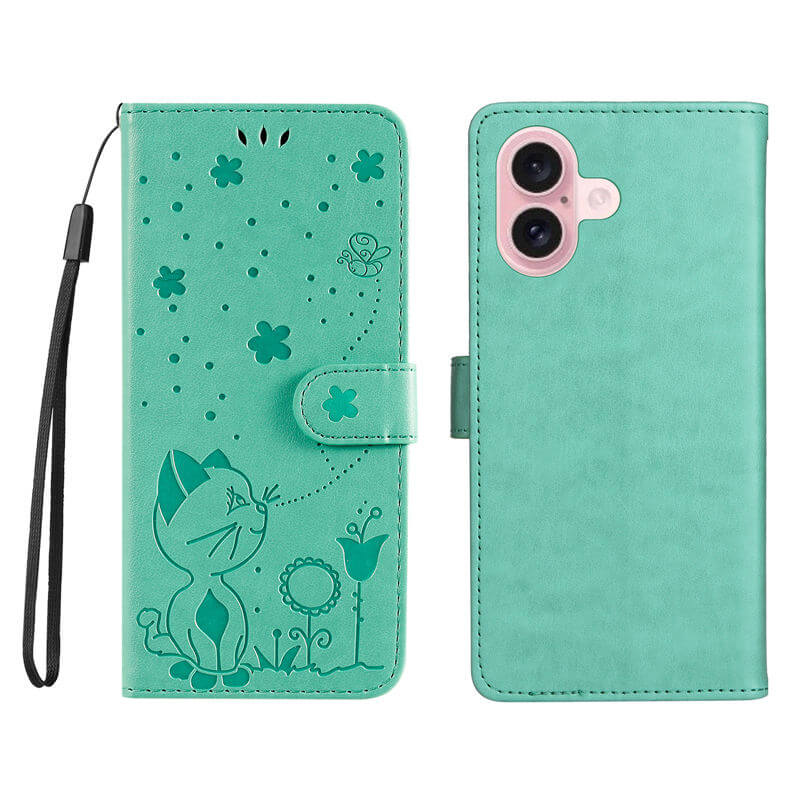 For iPhone 16 Cat Bee Embossed Pattern Wallet Case