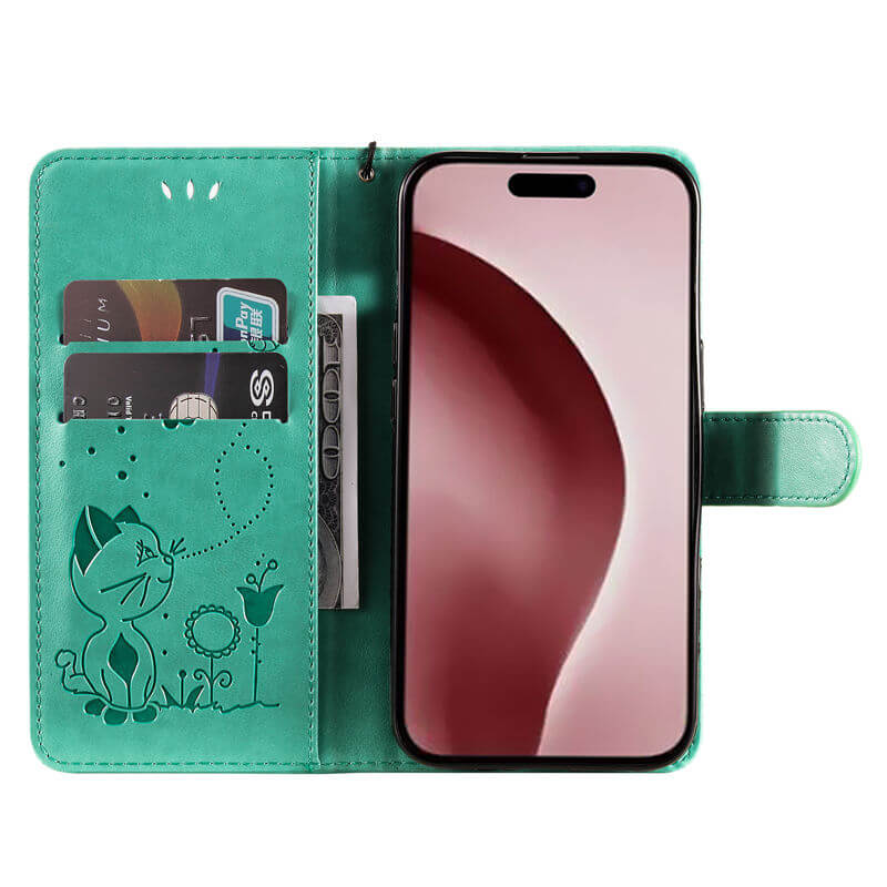 For iPhone 16 Cat Bee Embossed Pattern Wallet Case