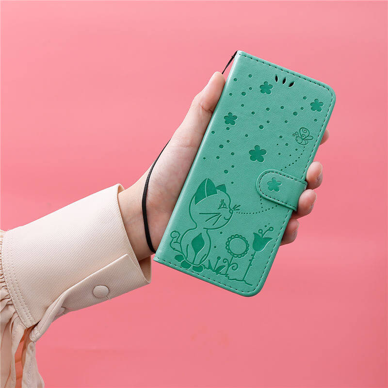 For iPhone 16 Cat Bee Embossed Pattern Wallet Case