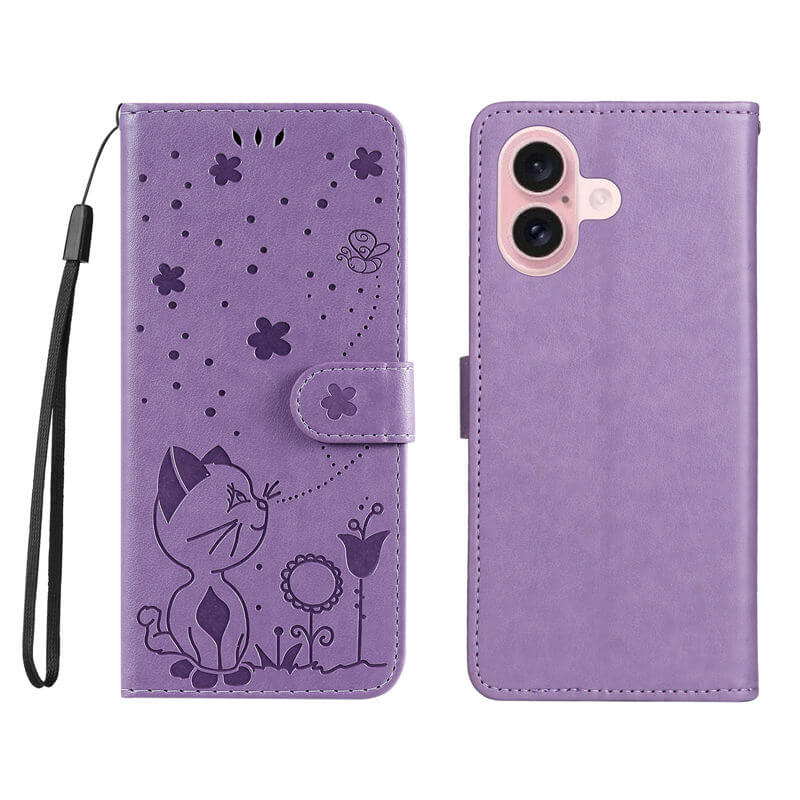 For iPhone 16 Cat Bee Embossed Pattern Wallet Case