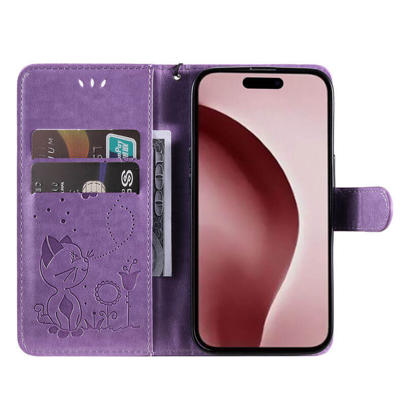 For iPhone 16 Cat Bee Embossed Pattern Wallet Case