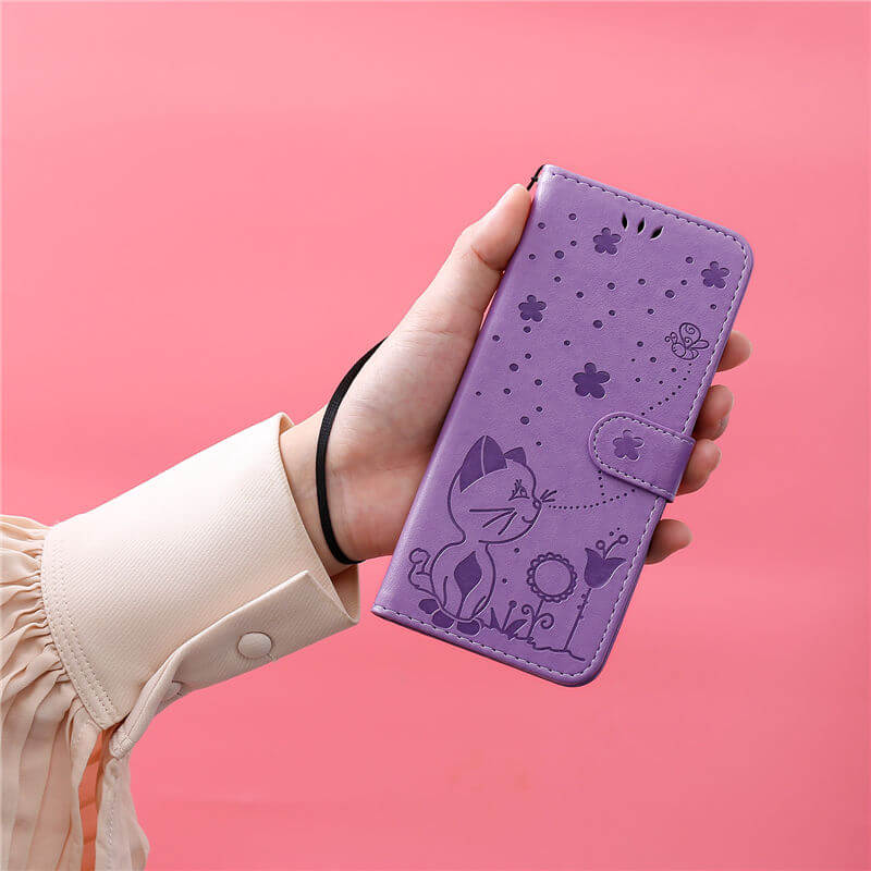 For iPhone 16 Cat Bee Embossed Pattern Wallet Case