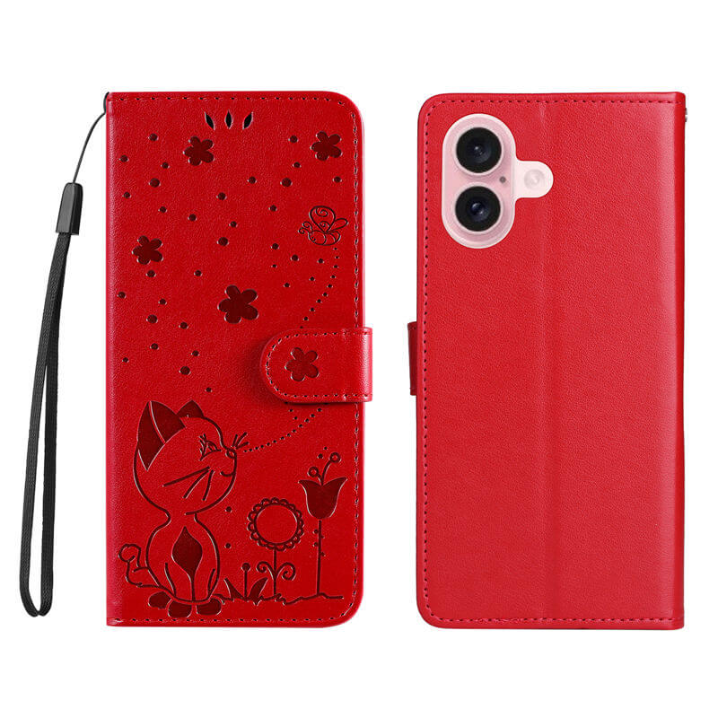 For iPhone 16 Cat Bee Embossed Pattern Wallet Case