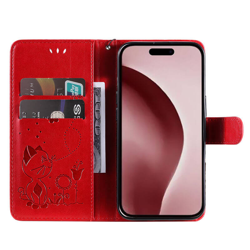 For iPhone 16 Cat Bee Embossed Pattern Wallet Case