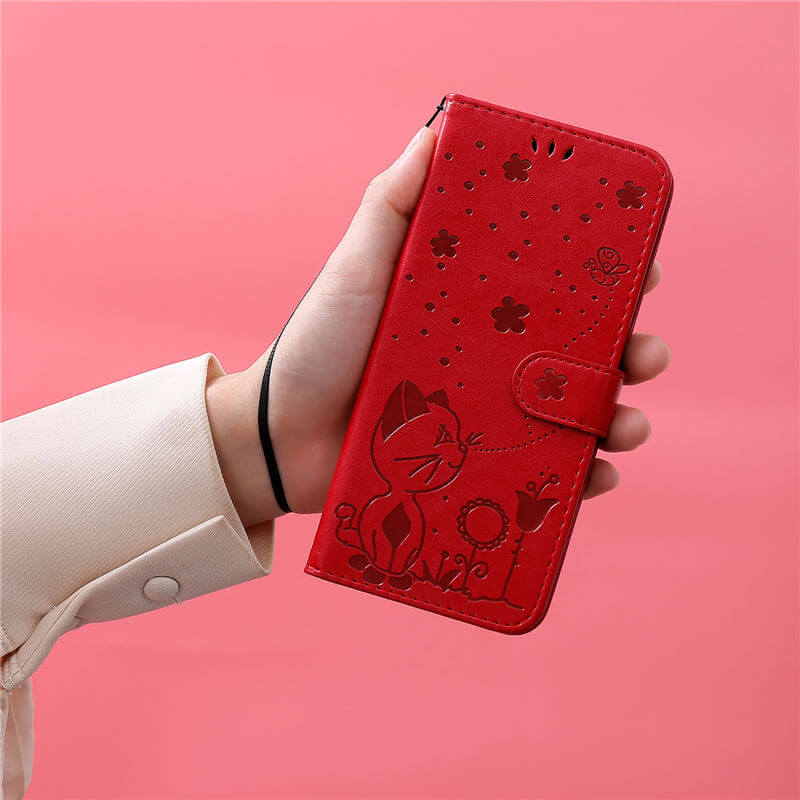 For iPhone 16 Cat Bee Embossed Pattern Wallet Case