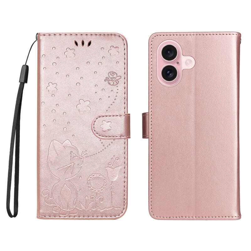 For iPhone 16 Cat Bee Embossed Pattern Wallet Case