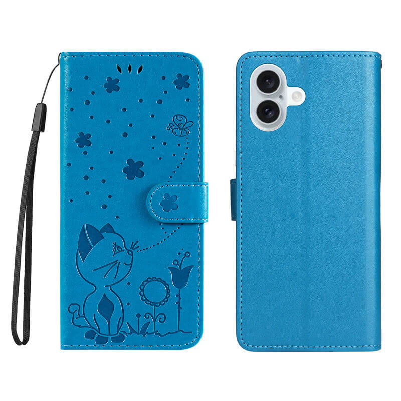 For iPhone 16 Plus Cat Bee Embossed Pattern Wallet Case